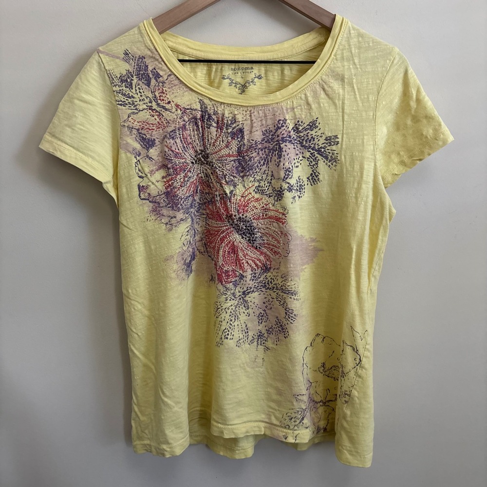 Sonoma Life Style Yellow Floral Beaded Embroidered Short Sleeve Tee Large